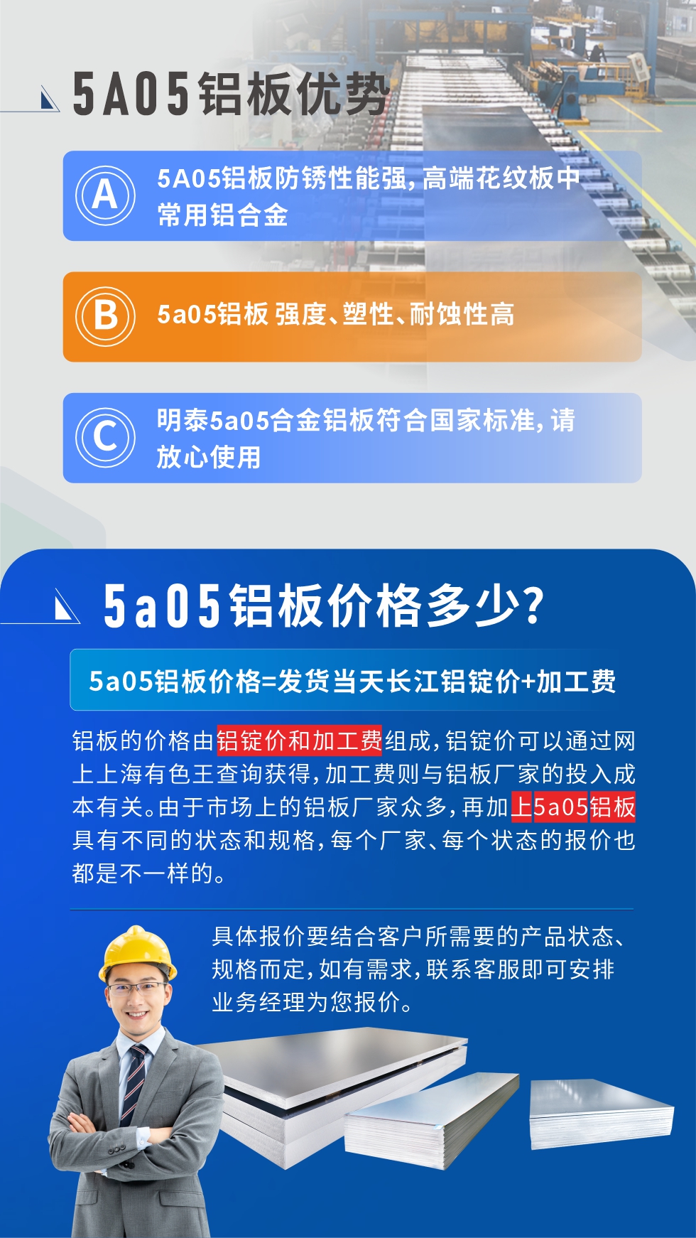  產品優勢   

5A05鋁板防銹性能強，高端花紋板中常用鋁合金

5a05鋁板 強度、塑性、耐蝕性高

明泰5a05合金鋁板符合國家標準，請放心使用

5a05鋁板價格多少錢

5a05鋁板價格=發貨當天長江鋁錠價+加工費

鋁板的價格由鋁錠價和加工費組成，鋁錠價可以通過網上上海有色王查詢獲得，加工費則與鋁板廠家的投入成本有關。由于市場上的鋁板廠家眾多，再加上5a05鋁板具有不同的狀態和規格，每個廠家、每個狀態的報價也都是不一樣的。具體報價要結合客戶所需要的產品狀態、規格而定，如有需求，聯系客服即可安排業務經理為您報價。點擊在線咨詢。
