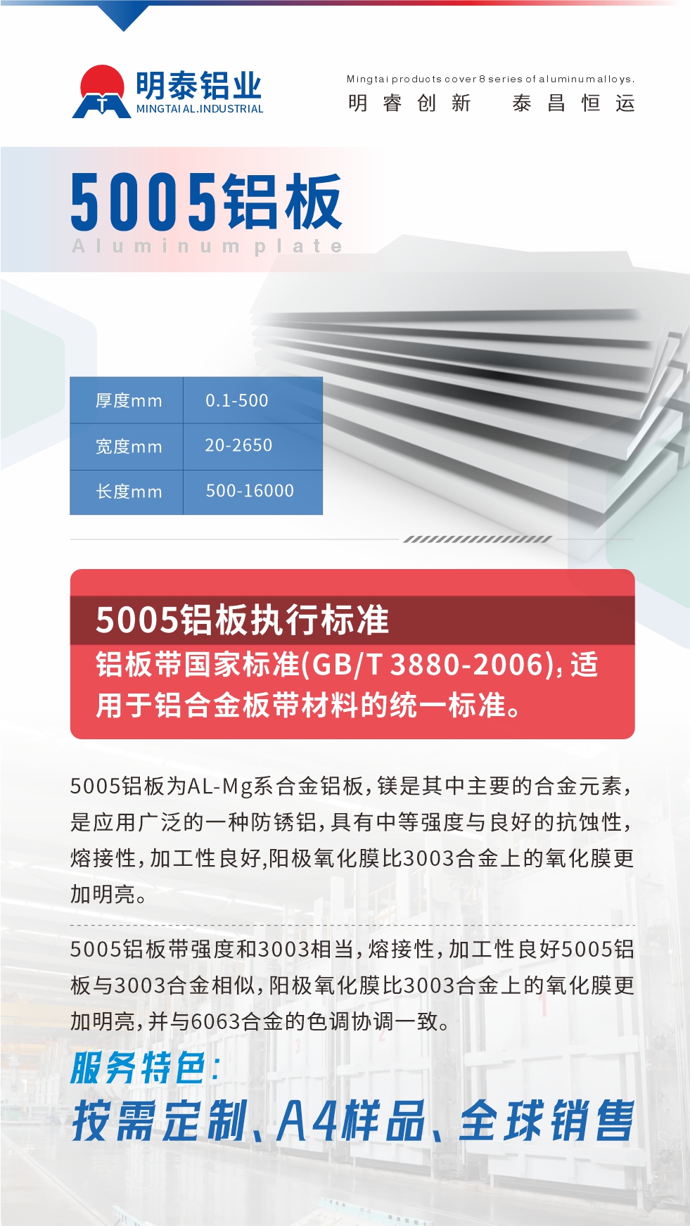產品介紹

5005鋁板為AL-Mg系合金鋁板，鎂是其中主要的合金元素，是應用廣泛的一種防銹鋁，具有中等強度與良好的抗蝕性，熔接性，加工性良好,陽極氧化膜比3003合金上的氧化膜更加明亮。

5005鋁板帶強度和3003相當，熔接性，加工性良好5005鋁板與3003合金相似，陽極氧化膜比3003合金上的氧化膜更加明亮，并與6063合金的色調協調一致。服務特色：按需定制、A4樣品、全球銷售!

