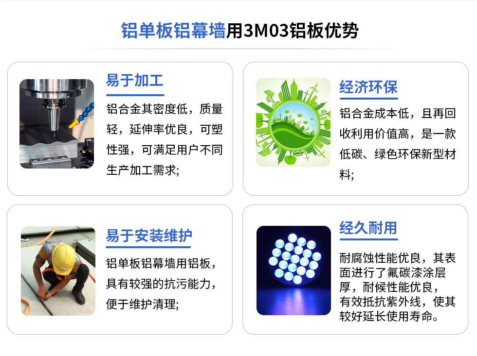 鋁單板鋁幕墻用3M03鋁板優勢
易于加工
鋁合金其密度低，質量輕，延伸率優良，可塑性強，可滿足用戶不同生產加工需求;
易于安裝維護
鋁單板鋁幕墻用鋁板具有較強的抗污能力，便于維護清理;
經濟環保
鋁合金成本低，且再回收利用價值高，是一款低碳、綠色環保新型材料，
經久耐用
耐腐蝕性能優良，其表面進行了氟碳漆涂層厚，耐候性能優良，有效抵抗紫外線，使其較好延長使用壽命。